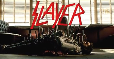 Red text reading 'SLAYER' above a person lying on the floor with many knives protruding from their body.