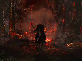 Silhouette of a rider on horseback holding an axe in a dark, glowing, burning forest.