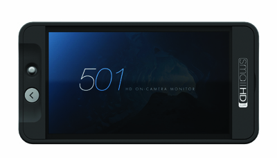 A black smartphone with the text '501 HD ON-CAMERA MONITOR' on a dark blue screen.