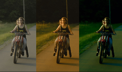 Three versions of two women riding a red moped on a path, shown in natural, warm, and cool color tones.