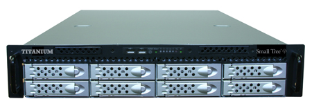 A black Titanium Small Tree server rack featuring eight silver drive bays arranged in two rows.