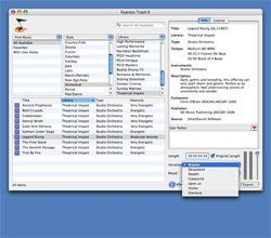 A computer window displaying a music library interface with lists of titles, styles, and track details.