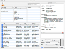 A music software interface displaying a list of tracks, search filters, and track details.