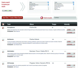 A digital interface displaying music search filters and a list of tracks with tempo and intensity details.