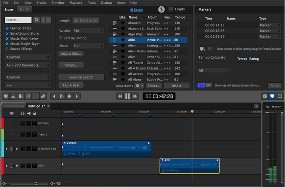A software interface displaying a music library list, a tempo calculator, and an audio timeline with waveforms.
