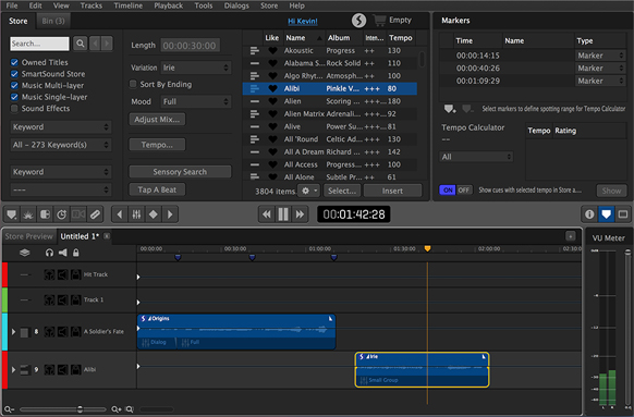 A digital audio workstation interface with a music library list and a multi-track timeline below.