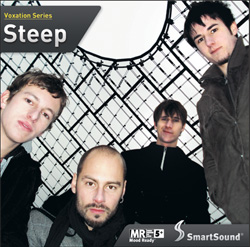 Four men posing in front of a patterned white and black background for the Steep album cover.