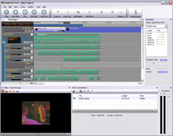 A digital audio workstation software interface showing multiple green audio tracks and a video preview window.