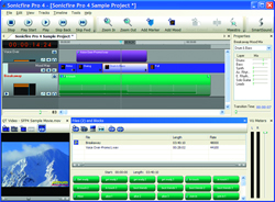Interface of Sonicfire Pro 4 showing a multi-track timeline, properties panel, and file list.