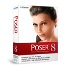A software box for Poser 8 featuring a close-up portrait of a digital human woman.