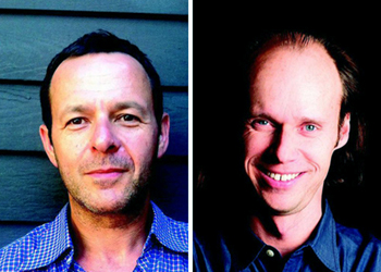 Two portraits of men: one with short dark hair against a blue wall, the other with receding hair against a black background.