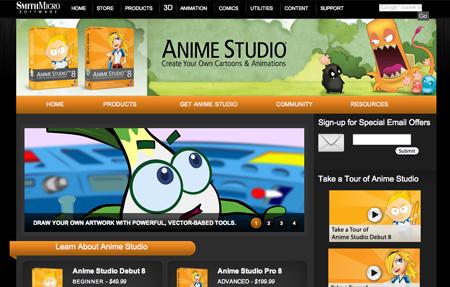 Website interface for Anime Studio software featuring product boxes and cartoon character graphics.