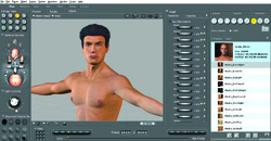 A computer screen showing a 3D modeling program with a shirtless male character model and various control sliders.