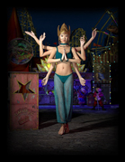 A woman with multiple arms wearing a teal two-piece outfit stands in a dark carnival at night.