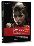 Software box for Poser Pro 2012 featuring a digital portrait of a woman in mechanical headgear.