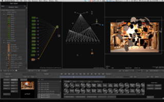 A complex digital workspace showing node-based editing, a timeline, and a video preview window.
