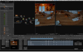 A video editing software interface showing a node graph, two video preview windows, and a timeline.