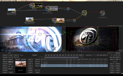 Video editing software interface with a node graph, preview windows, and a timeline.