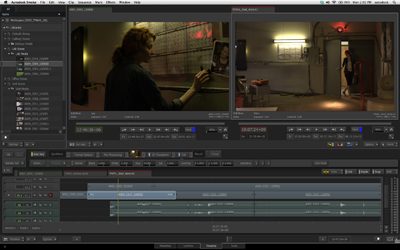 Video editing software interface displaying two video preview windows and a multi-track timeline.