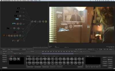 A video editing software interface with a node graph on the left and a video preview on the right.