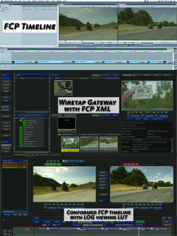 Screenshots of video editing software showing timelines, video clips, and XML gateway information.