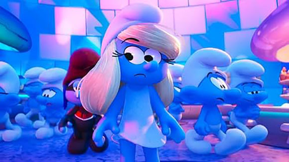 A blue Smurf character with long blonde hair looks concerned in a colorful, glowing setting.