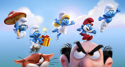 Several blue Smurfs jump through a bright sky above a large man's face and a ginger cat.