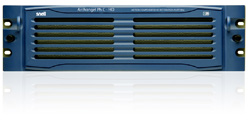 A blue rack-mountable audio amplifier with horizontal ventilation slats and silver mounting brackets.