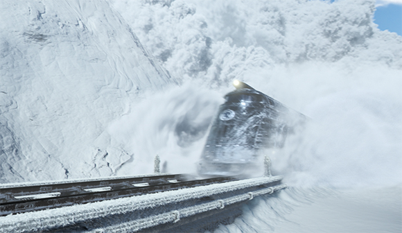 A dark train traveling on tracks through a heavy, swirling snowstorm and deep snowdrifts.