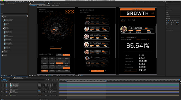 A dark-themed data dashboard showing network connections, user profiles, and growth statistics.