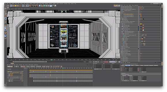 Interface of a 3D modeling software displaying a wireframe room with a central digital screen.