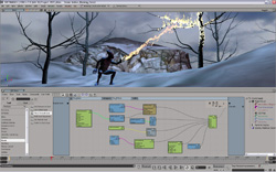 Software interface displaying a 3D character in a snowy scene above a node-based visual programming graph.