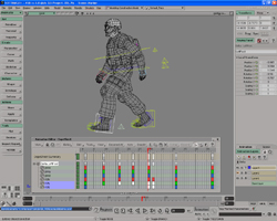 A 3D modeling software interface displaying a wireframe human character model with animation timelines.