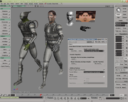 3D modeling software interface showing two humanoid character models and facial reference images.