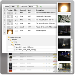 A software window showing a file list with version numbers, descriptions, and a sidebar of video thumbnails.