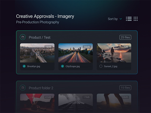 User interface for creative approvals displaying folders of photography files like Brooklyn.jpg and CityScape.jpg.