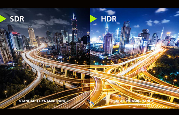 Split screen comparison of a nighttime city skyline showing the difference between SDR and HDR imaging.