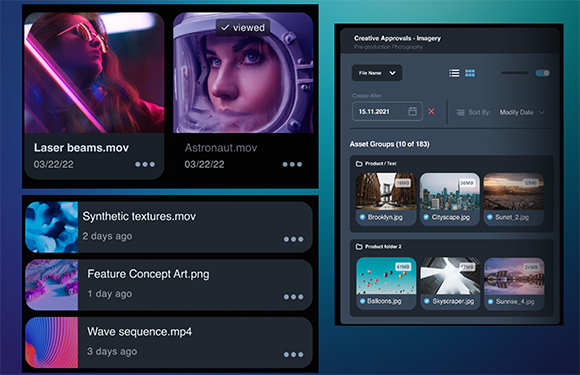 A dark-themed software interface showing video thumbnails, file names, and an asset management dashboard.