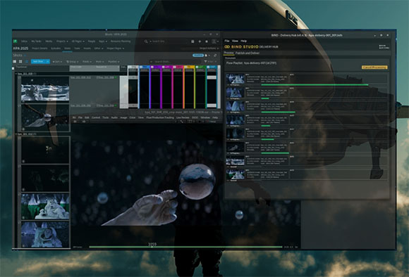 A software interface for video delivery and shot management displayed over a cloudy sky.