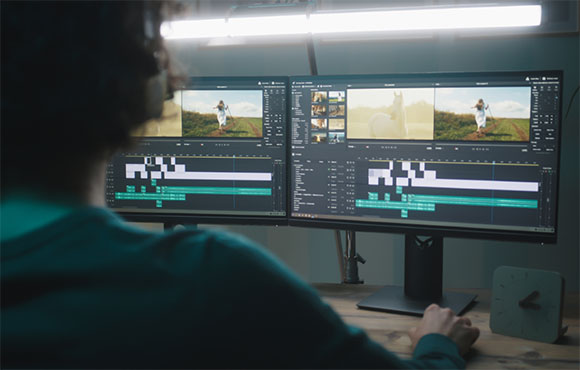 A person sits at a desk using two large monitors displaying video editing software with multiple timelines.