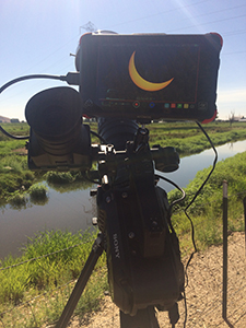 A professional video camera mounted on a tripod facing a river in a grassy field.