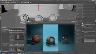 A 3D modeling software interface displaying a workspace and rendered views of a spherical object.