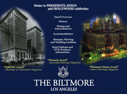 Promotional graphic for The Biltmore Los Angeles with building photos and a list of hotel amenities.
