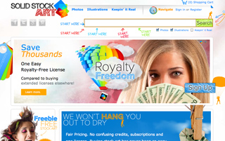 A website banner for Solid Stock Art showing a woman holding a fan of cash with text reading 'Save Thousands'.
