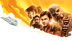 Four characters from a sci-fi film set against a swirling orange and yellow background with a spaceship.