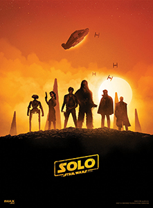 Silhouettes of characters standing on a ridge against an orange sunset with spaceships in the sky.