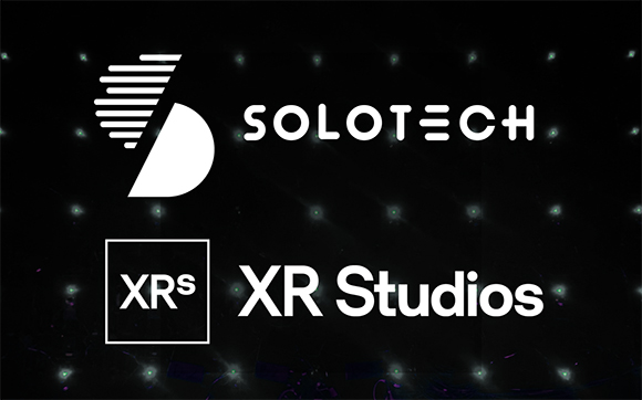 White Solotech and XR Studios logos displayed against a dark, textured background with faint light spots.