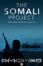 Silhouette of a person holding a rifle looking at a ship on the ocean under a dark blue sky.