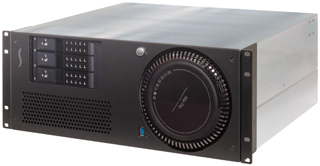 A black and silver rack-mounted server unit with a circular fan and various ports on the front panel.