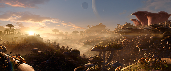 A surreal alien landscape featuring giant mushroom formations under a sunset sky with large celestial bodies.